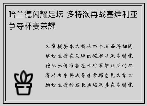 哈兰德闪耀足坛 多特欲再战塞维利亚争夺杯赛荣耀