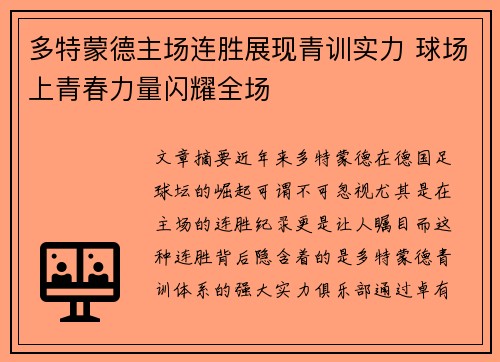 多特蒙德主场连胜展现青训实力 球场上青春力量闪耀全场