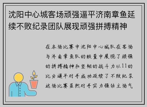 沈阳中心城客场顽强逼平济南章鱼延续不败纪录团队展现顽强拼搏精神
