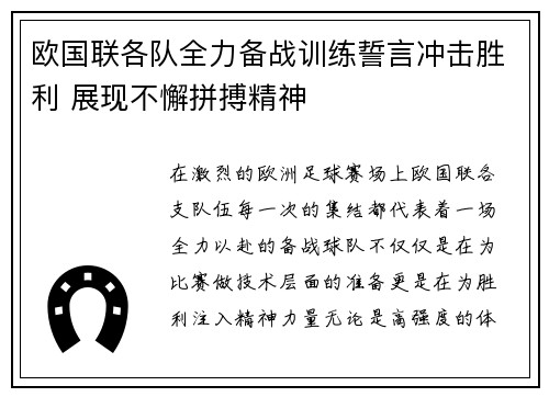 欧国联各队全力备战训练誓言冲击胜利 展现不懈拼搏精神