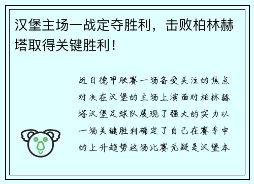汉堡主场一战定夺胜利，击败柏林赫塔取得关键胜利！
