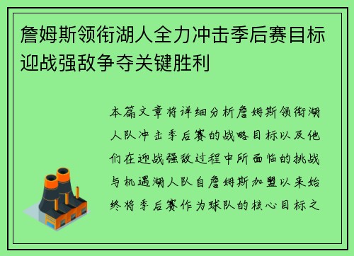 詹姆斯领衔湖人全力冲击季后赛目标迎战强敌争夺关键胜利