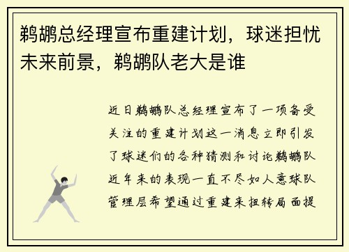 鹈鹕总经理宣布重建计划，球迷担忧未来前景，鹈鹕队老大是谁